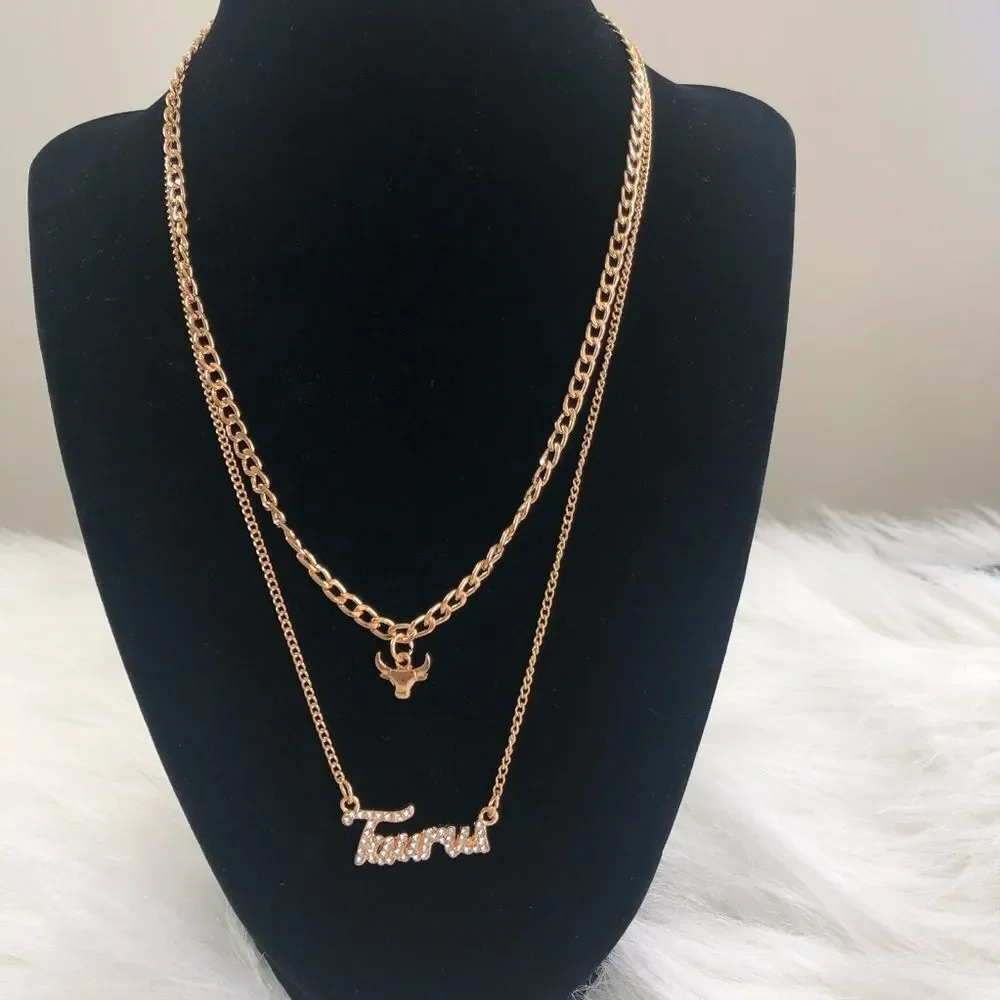 18 K Gold Plated Double Layer Diamond Taurus Zodiac Sign‎ Necklace